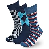 BG Premium Dress Socks for Men. Classic and Formal Apparel Patterned Socks, 3 Pair Set with a Gift Box - Blue Argyle & Stripes