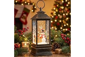TIJNN 10" Christmas Snow Globe Lantern with Farm Snowman，Lighted Swirling Glittering Snow Globes with Music & Timer, Christmas Decorations for Home Tabletop Indoor