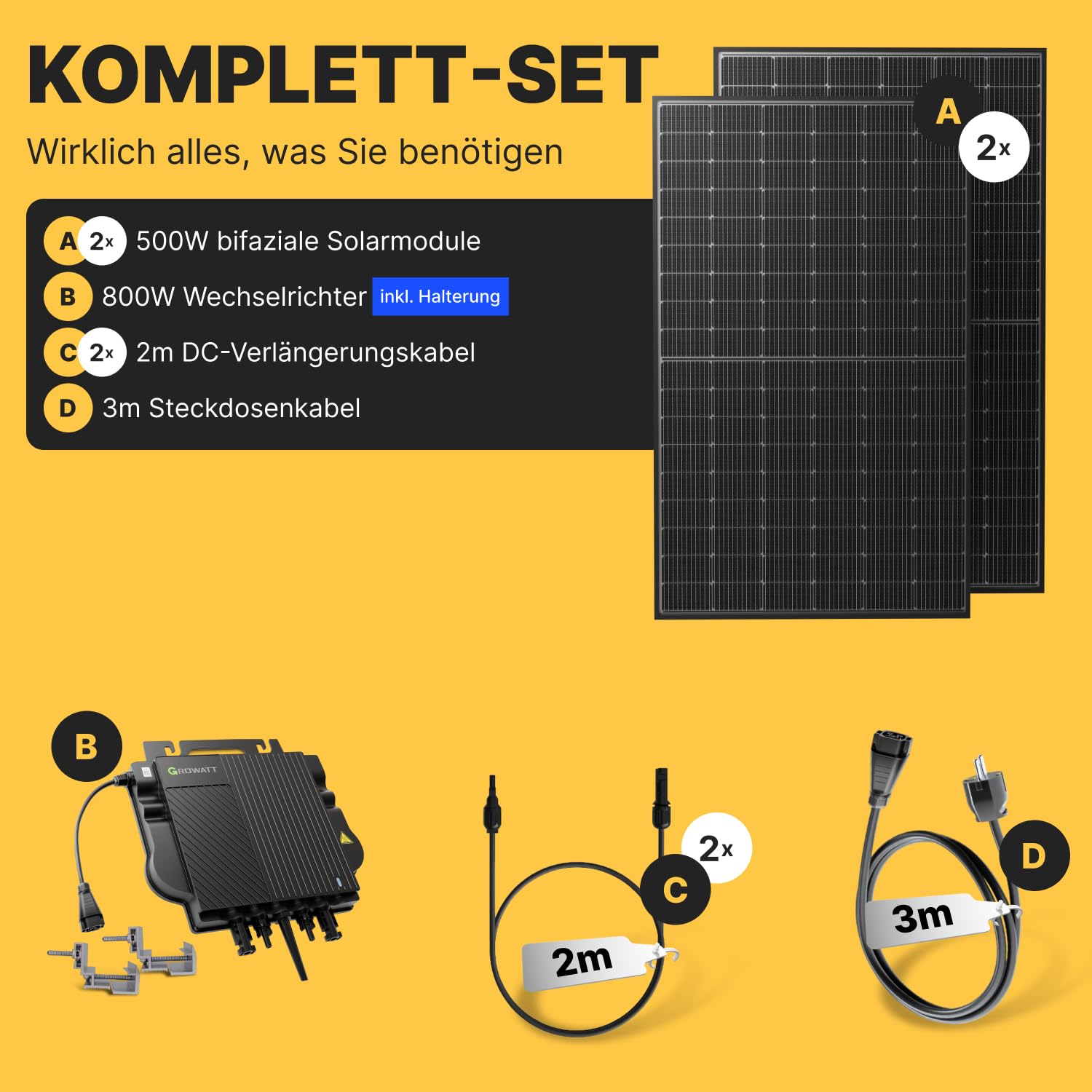 Solakon® 1000W Balkonkraftwerk - Balkonkraftwerk 800W komplett Steckdose - neuester 800 Watt Wechselrichter - Solaranlage Komplettset - 500W bifaziale Solarmodule inkl. Zubehör - 3m Kabel 4