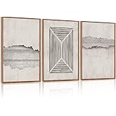 CHDITB Abstract Minimalist Framed Canvas Wall Art Set Of 3, Modern Mid Century Wall Decor, Geometric Line Textured Inspired A