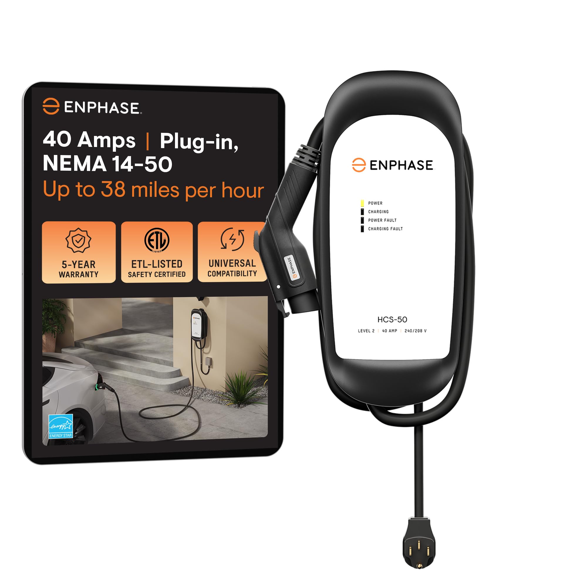 Photo 1 of 40 Amp Plug-in EV Charger, Enphase HCS-50, NEMA 14-50 Plug, Level 2, 240V, 9.6kW, 5-Year Warranty, 25 ft Cable, J1772 Ruggedized Connector, Formerly ClipperCreek