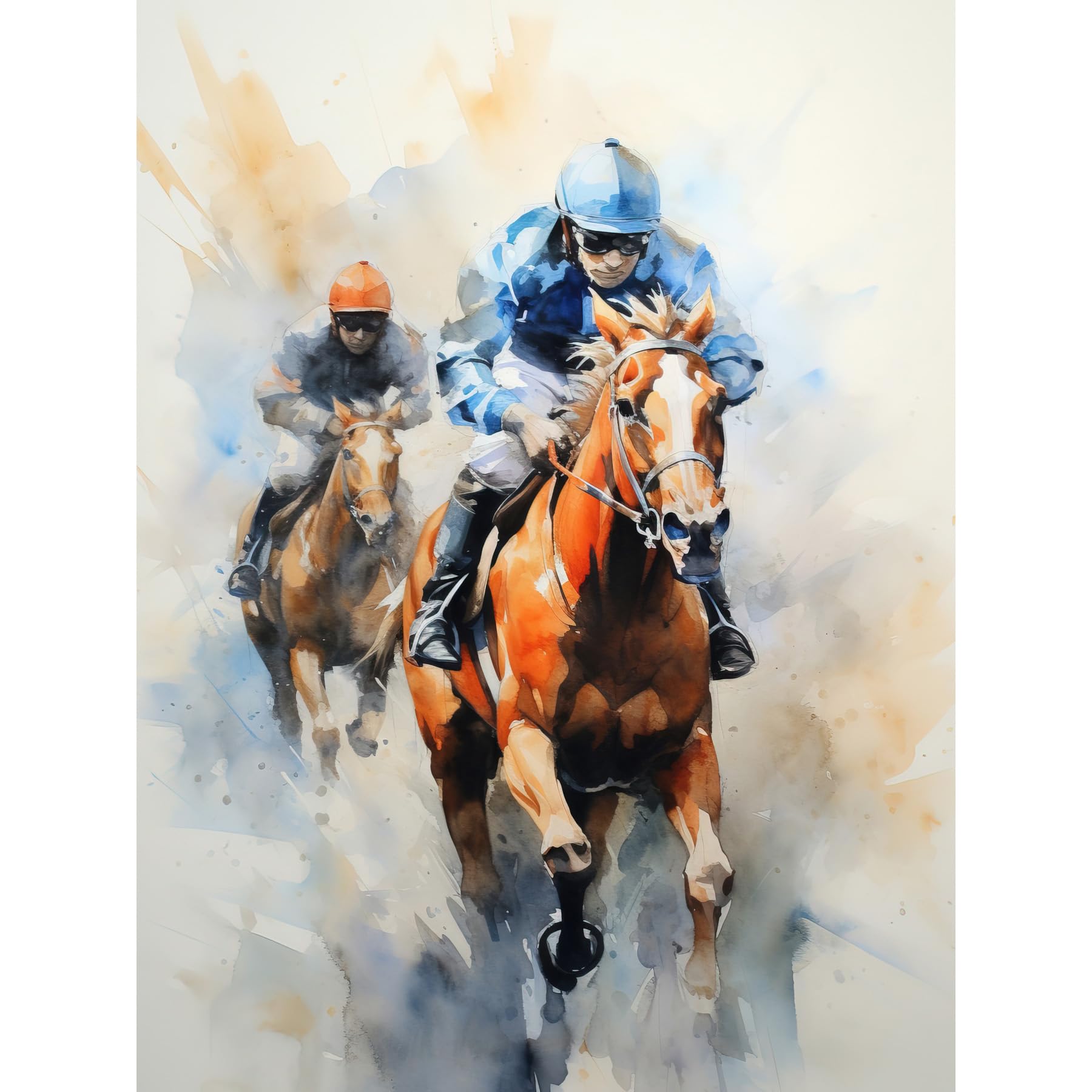 Artery8 Horseracing Jockeys Racing Horses Action Watercolour Kentucky Derby Grand National Cheltenham Gold Cup Painting Blue Orange Race Sport Artwork Extra Large XL Wall Art Poster Print