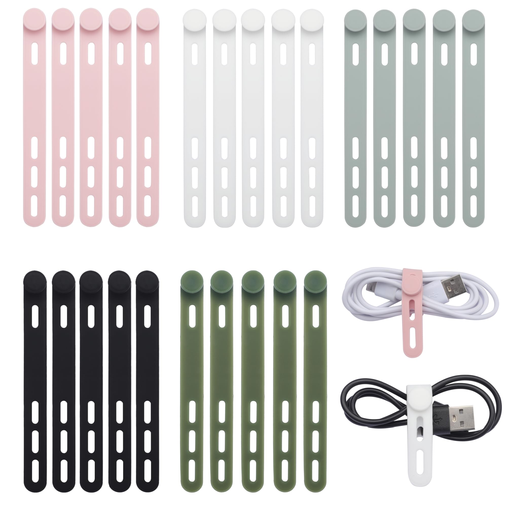 25 Pcs Silicone Cable Ties, Reusable Cord Organizers, Umbrellas Wraps & Cable Ties for Wires and Charging Cords Management – Home, Office, Kitchen, Travel Accessories