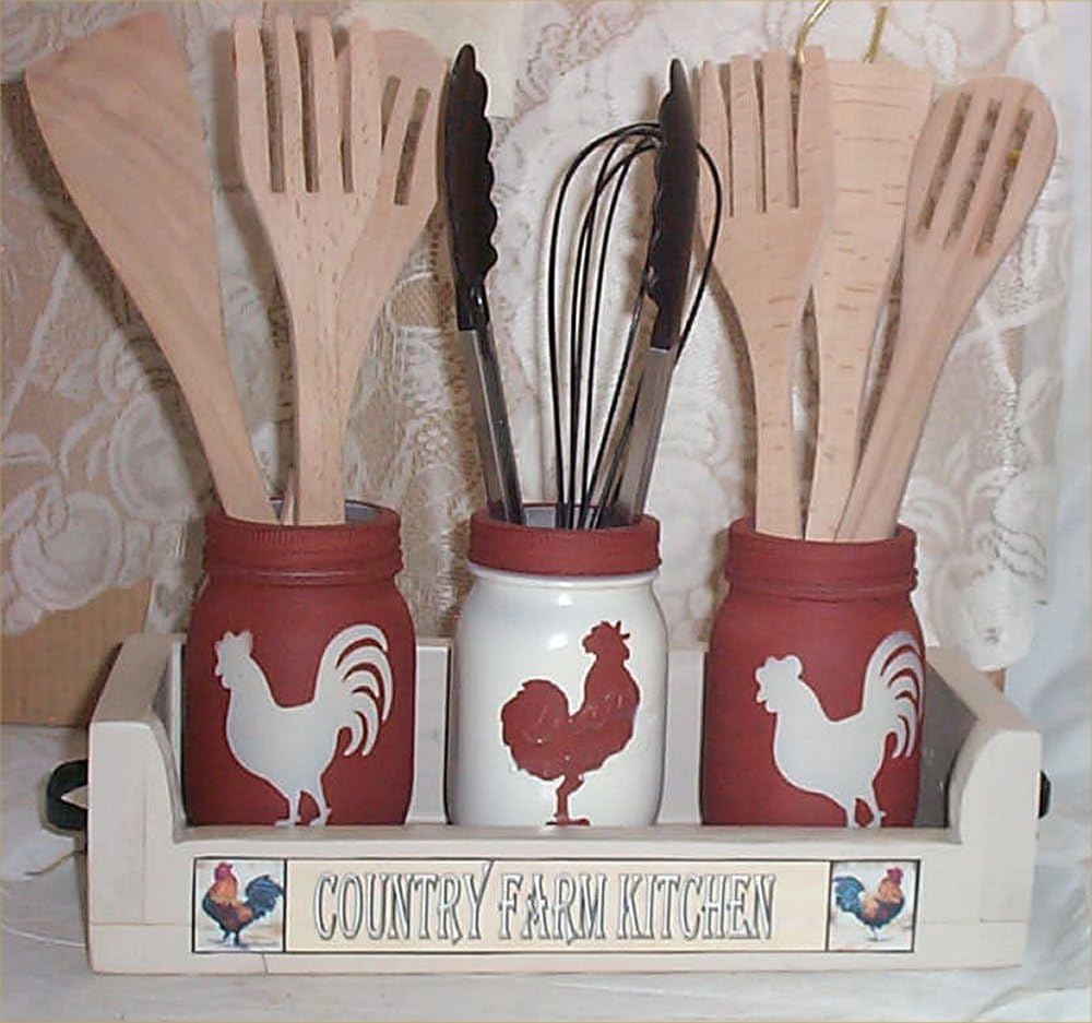 Country Red Rooster 4 Pc Mason Jar Set And Wood Crate Utensil Holder Flowers