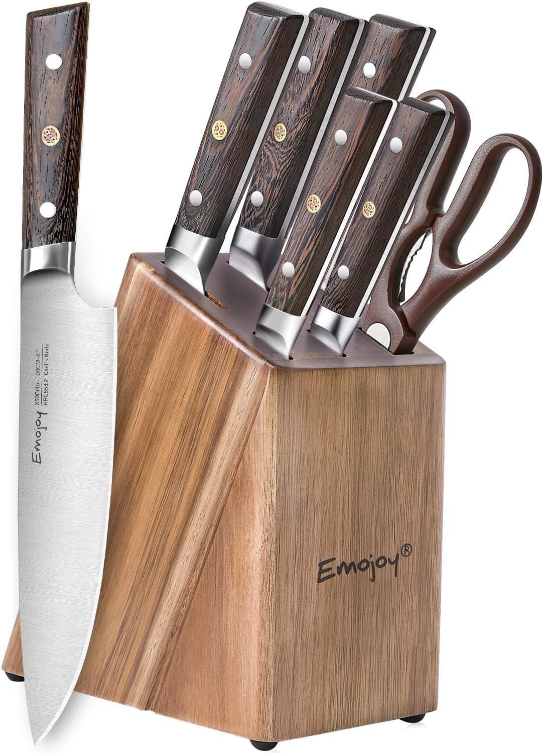 Knife Set, 7-Piece Kitchen Knife Set, Precious Wengewood Handle for Chef Knife Set with Block Wooden, German Stainless Steel, Emojoy