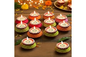 TIED RIBBONS 12 pcs Handmade Clay Diya for Ganesh Chaturthi, Wax Filled | Traditional Tealight Holder | Indian Oil Lamp | Diwali Decorations for Home | Terracotta Matki Diyas | Diwali Gifts