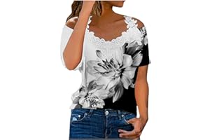 HINVHAI Summer Tops for Women 2024 Sexy Lace V-Neck Cold Shoulder Short Sleeve Shirts Trendy Casual T-Shirts Tunic Tops