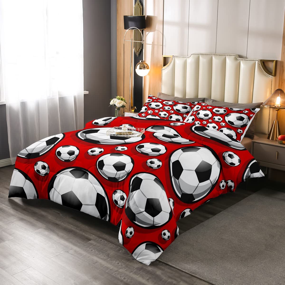 Loussiesd Football Bedding Set for Girls Boys Sports Duvet Set Soccer Ball Red Competitive Games Duvet Insert 3D America Football Double Size