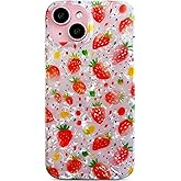 Qokey Compatible for iPhone 15 Case 6.1", Fresh Spring Strawberries Design, Soft Bumper Lightweight Slim Fit Shell Pattern, TPU Shockproof Phone Cover, Pink Strawberry