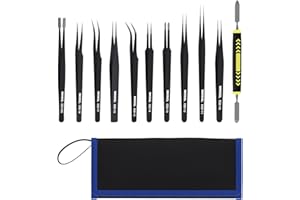 MMOBIEL 10x Industrial Precision ESD Tweezers Anti-Static Stainless Steel for Electronics Tools, Jewelry, Computer, Laboratory Work, Crafts and Hobbies etc. – Incl. Spatula and Case