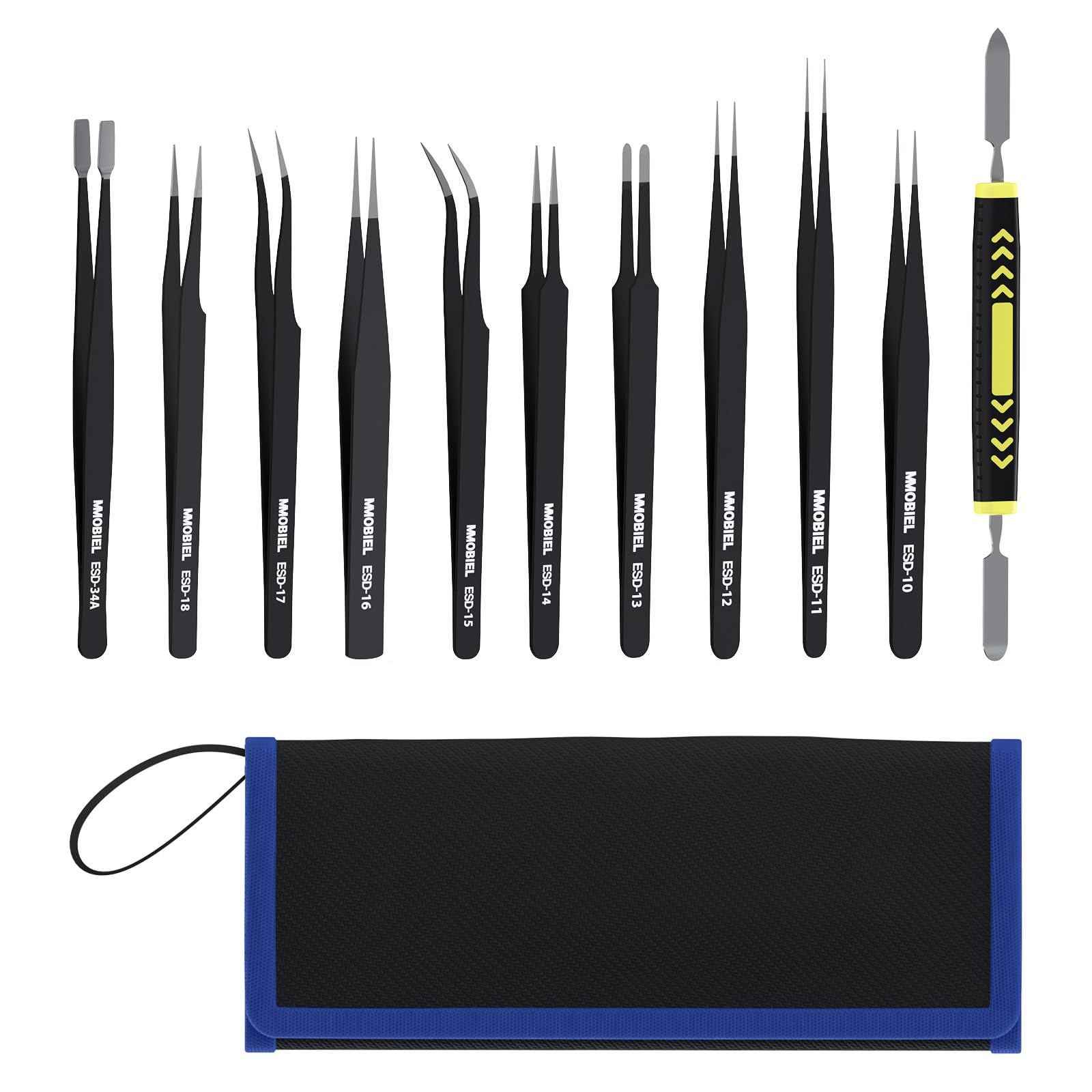 MMOBIEL 10x Industrial Precision ESD Tweezers Anti-Static Stainless Steel for Electronics Tools, Jewelry, Computer, Laboratory Work, Crafts and Hobbies etc. – Incl. Spatula and Case