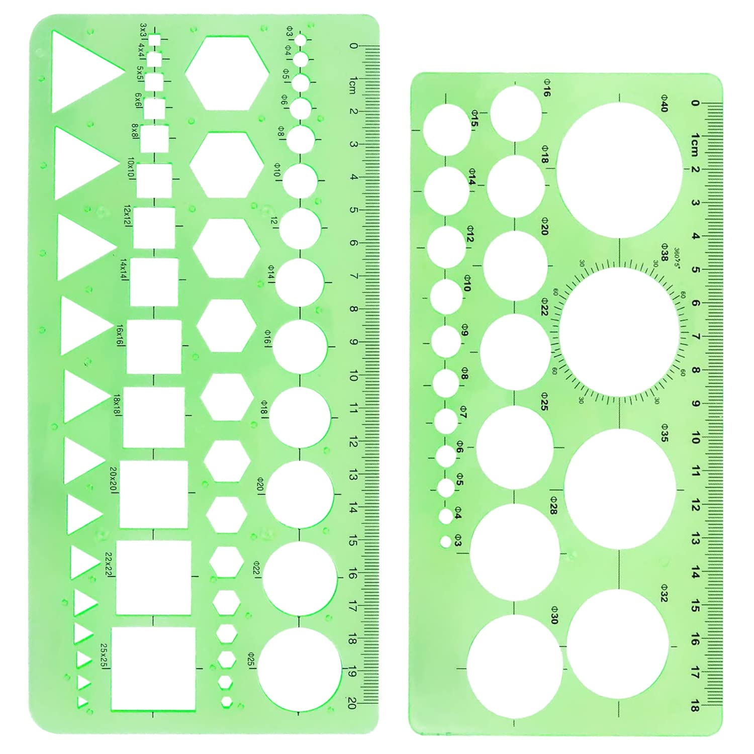 RIVIEVAL 2 Pcs Circle & Geometric Stencils Plastic Drawing Templates Measuring Templates Rulers for Drawing Measuring Designing (Green)