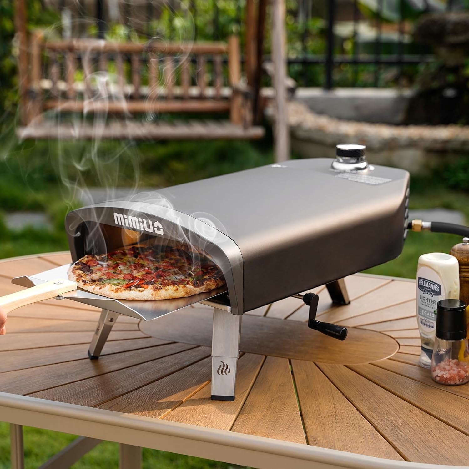 Mimiuo Gas Pizzaofen mit Manuellem Drehfunktion und Gasdruckregler | Tragbarer Gasofen für Garten, outdoor | Enthält 33cm Pizzastein, Pizzaschaufel, Pizza-Abdeckung | Gas Pizza Oven 6
