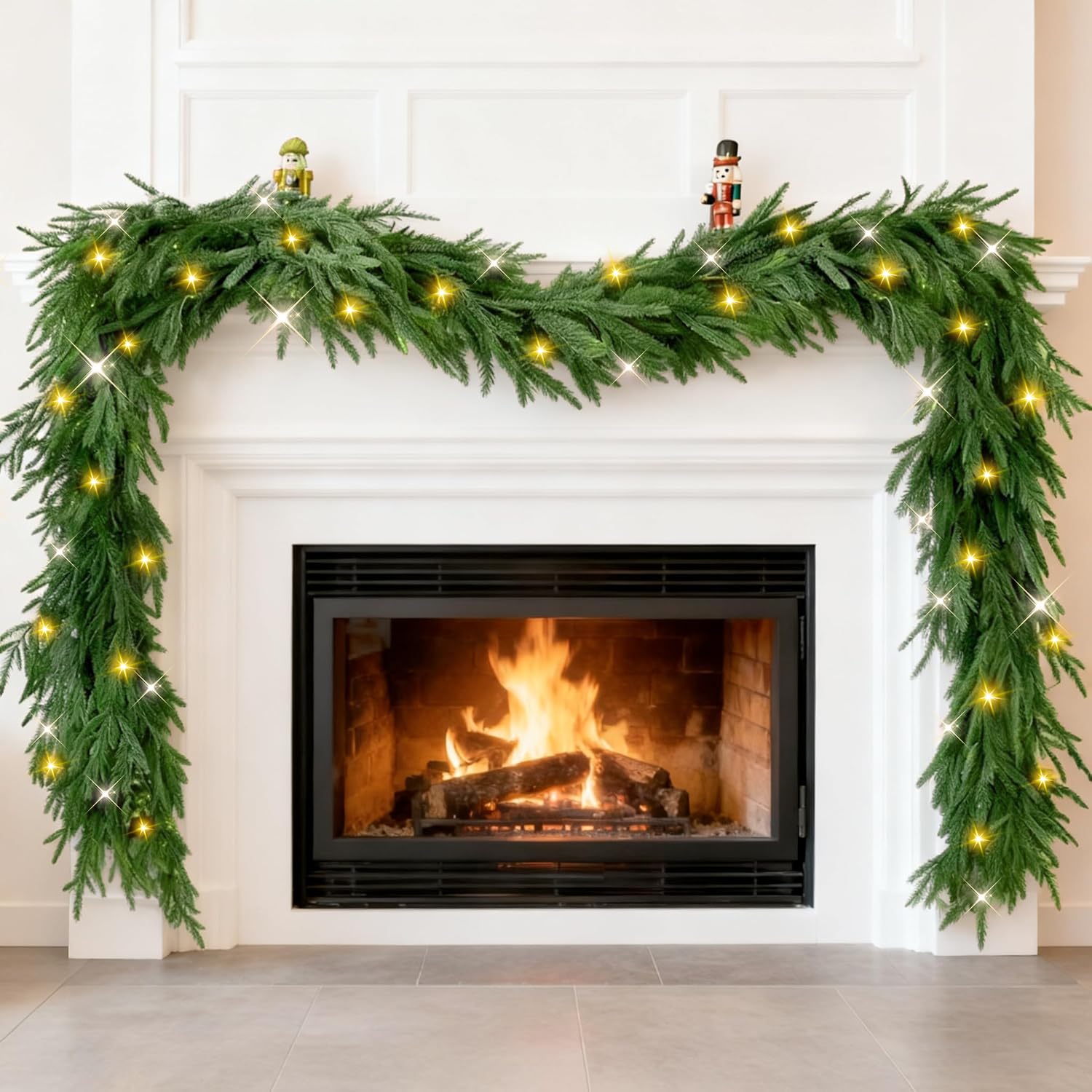 View 1 of 2-Pack 9FT Prelit Norfolk Pine Garland Christmas Garland, Real Touch Norfolk Pine Garlands with Lights, Battery Operated Garlands for Mantle, Stairs, Holiday Table, Faux Christmas Decorations Indoor
