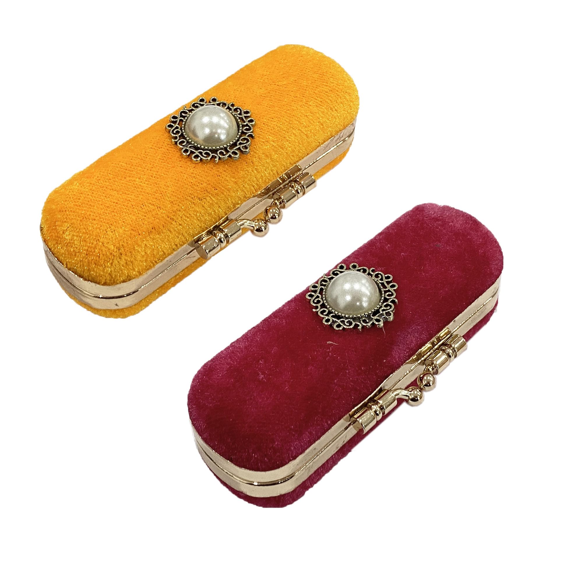 MIAO JIN 2PCS Lipstick case with mirror Lipstick case Storage case Mini portable Pearl Decoration Soft jewelry case cosmetic case (Red ＆ Yellow)