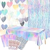 8 PCS Iridescent Disco-Holographic Party Decorations - Love-Heart Garland Streamers Banner, Disposable Laser Tablecloth, Tinsel Foil Fringe Curtains | Birthday, Bachelorette, Engagement, 90s, 80s