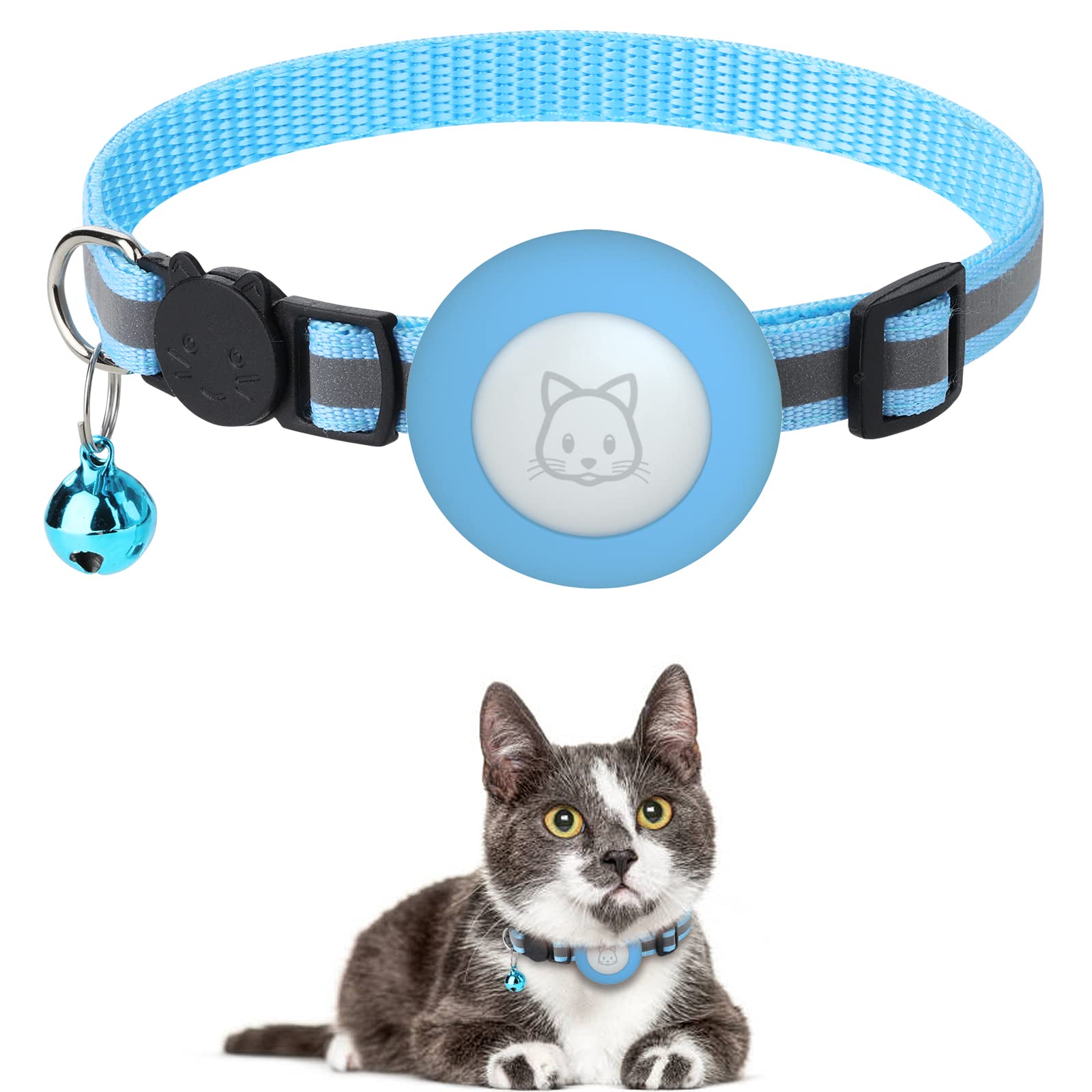 Airtag Cat Collar, Reflective Cat Air Tag Collar with Breakaway Buckle and Removable Bell, Cat Collar with Airtag Holder Compatible with Apple Airtag for Puppies Cats Kitten (Blue)