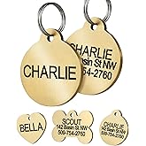 GoTags Personalized Pet ID Tags, Solid Brass Dog Tags and Cat Tags, up to 6 Lines of Custom Text, Engraved on Both Sides, Bone, Round, and Heart Shapes