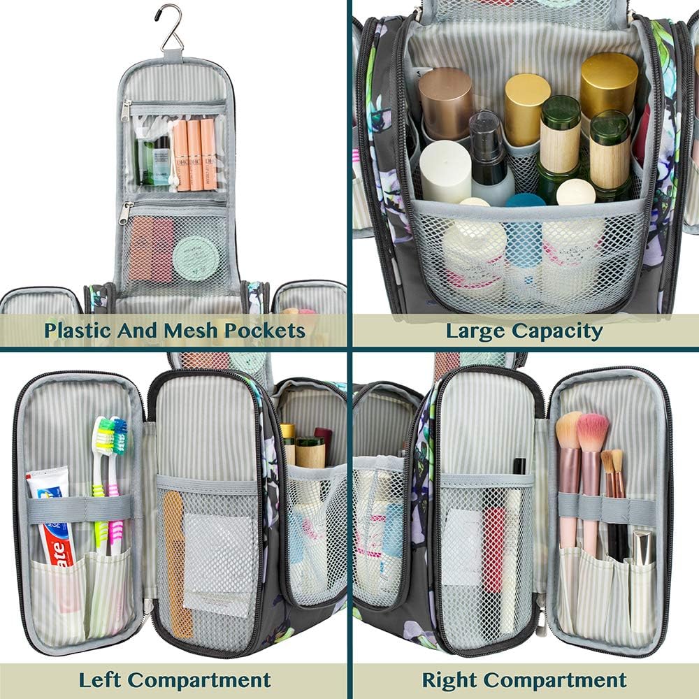 PAVILIA Hanging Travel Toiletry Bag Women Men | Hygiene Bag, Bathroom Toiletry Organizer Kit for Cosmetics, Makeup, Toiletries Accessories (Floral Grey): Clothing