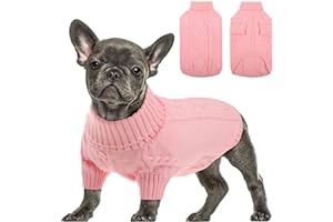 Queenmore Small Dog Pullover Sweater, Cold Weather Cable Knitwear, Classic Turtleneck Thick Warm Clothes for Chihuahua, Bulldog, Dachshund, Pug, Yorkie (Pink, Small)