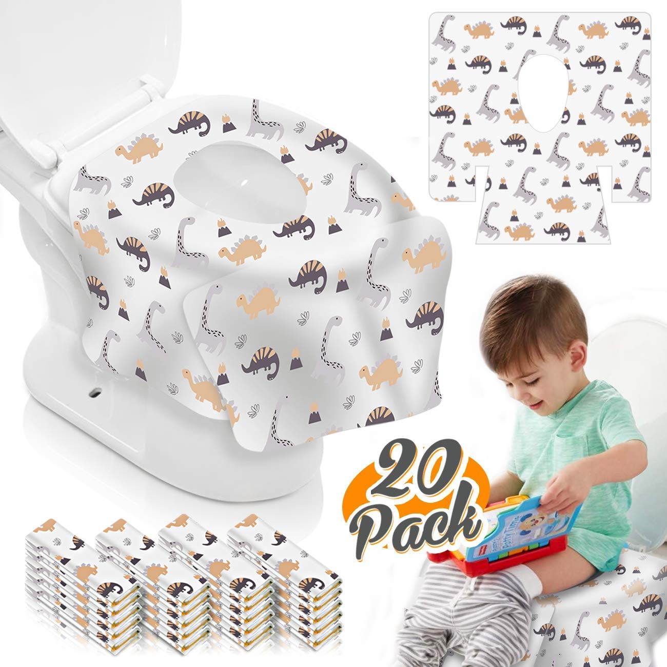 TAOPE Toilet Seat Covers Disposable, Potty Seat Covers Extra Large Size for Toddlers Potty Training, Public Restrooms and Travel (White - Dinosaur 20 Pieces)