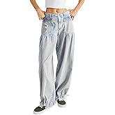 ebossy Women's Baggy Barrel Jeans High Waist Lotus Adjustable Drawstring Bow Tie Wide Leg Denim Pants