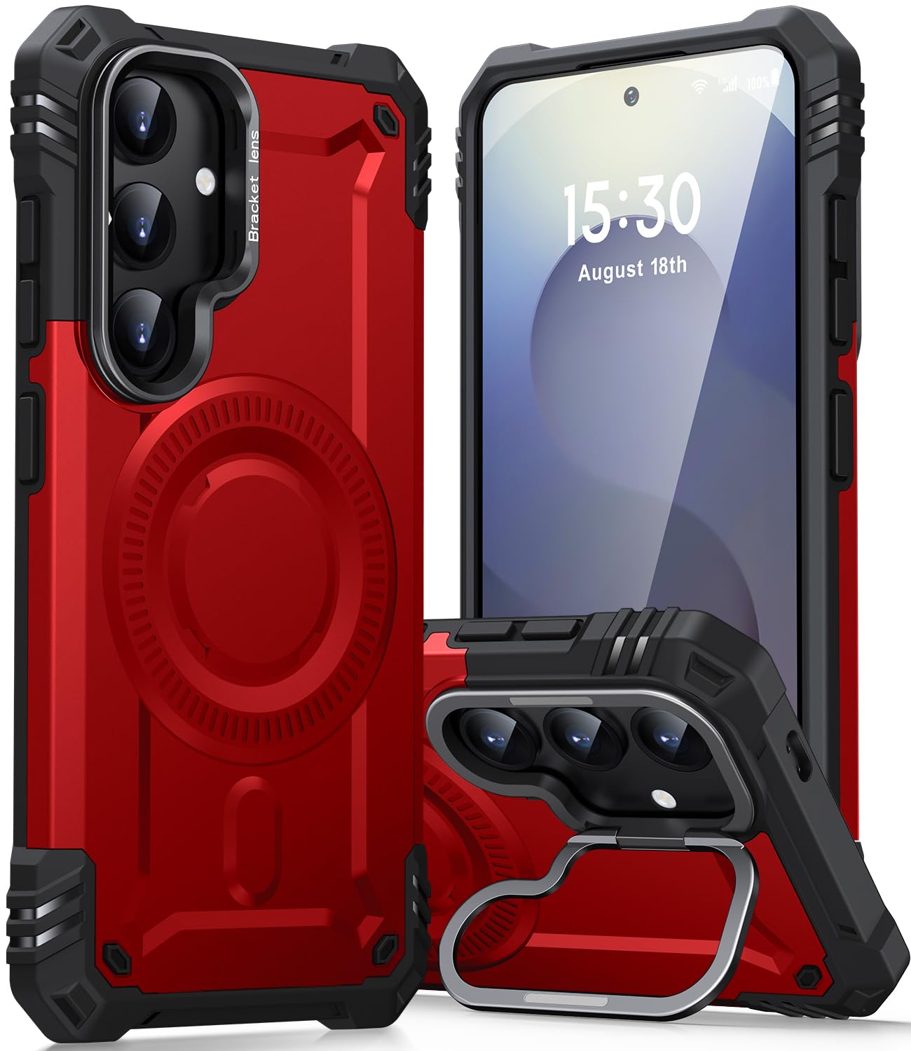 AOUIA Samsung Galaxy S24/S25 Hülle mit MagSafe Kompatibilität, Eingebauter Ständer und Militärischer Schutz - Magnetische Handyhülle in Rot