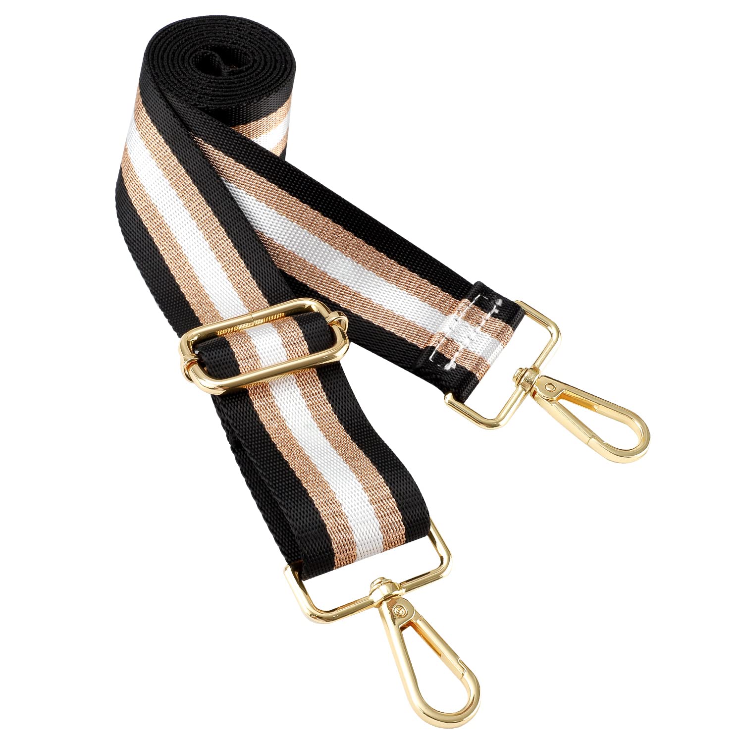 HuaJiao Adjustable Replacement Handbag Strap, Wide Shoulder Strap, Glitter Striped, Gold Buckle, 3.8cm, Black Gold White
