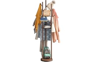 kiplant Coat Rack Freestanding, Rotary Coat Rack Stand with 8 Hooks, Bamboo Wood Coat Tree for Clothes/Bags/Hats, Sturdy Freestanding Coat Rack for Home/Office/Entryway/Hallway