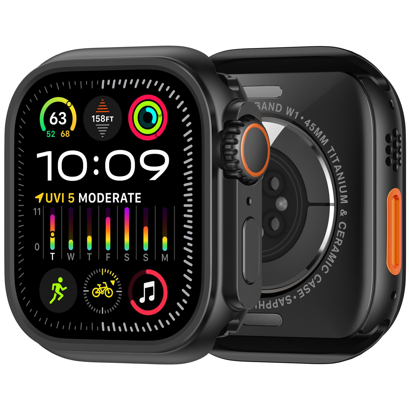 Photo 1 of amBand 3 in 1 Metal Case Compatible with Apple Watch Series 9/8/7 45mm, W1 Protector Rugged Bumper with Watch Crown + Back Cover, Black