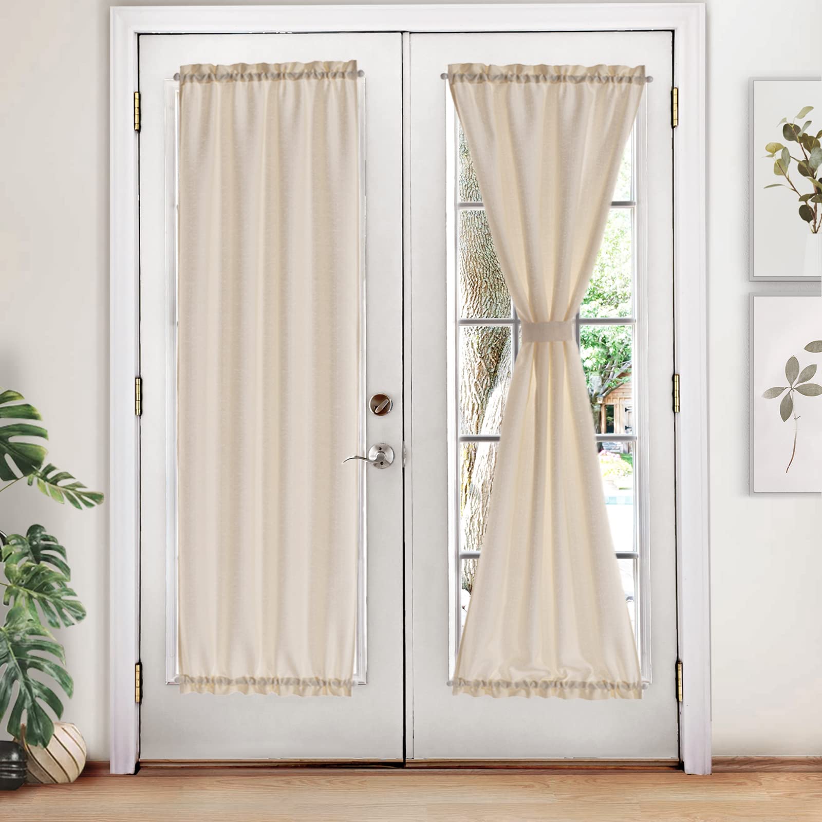 melodieux semi sheer french door curtains 72 inches long, linen look rod pocket privacy drapes for patio sliding glass door window, beige, 52 by 72 inch, 2 panels