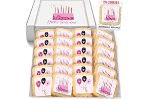 OMCOOKIE Happy Birthday Party Cookies Pink Cake Balloons Individualy Wrapped Printed Cookies 24 Pack Bulk