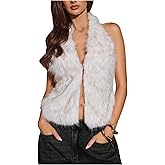 Milumia Women's Y2k Faux Fur Backless Halter Top Fuzzy Tie Back Rave Party Tank Tops