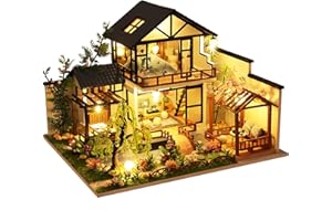 OZJAY DIY Miniature House Kit, Tiny House Kit with LED & Music Movement, DIY Wooden Dollhouse Miniature Kit for Adults Teen, Wooden Crafts Lovely Dollhouse Kit(Bamboo Stream Garden)