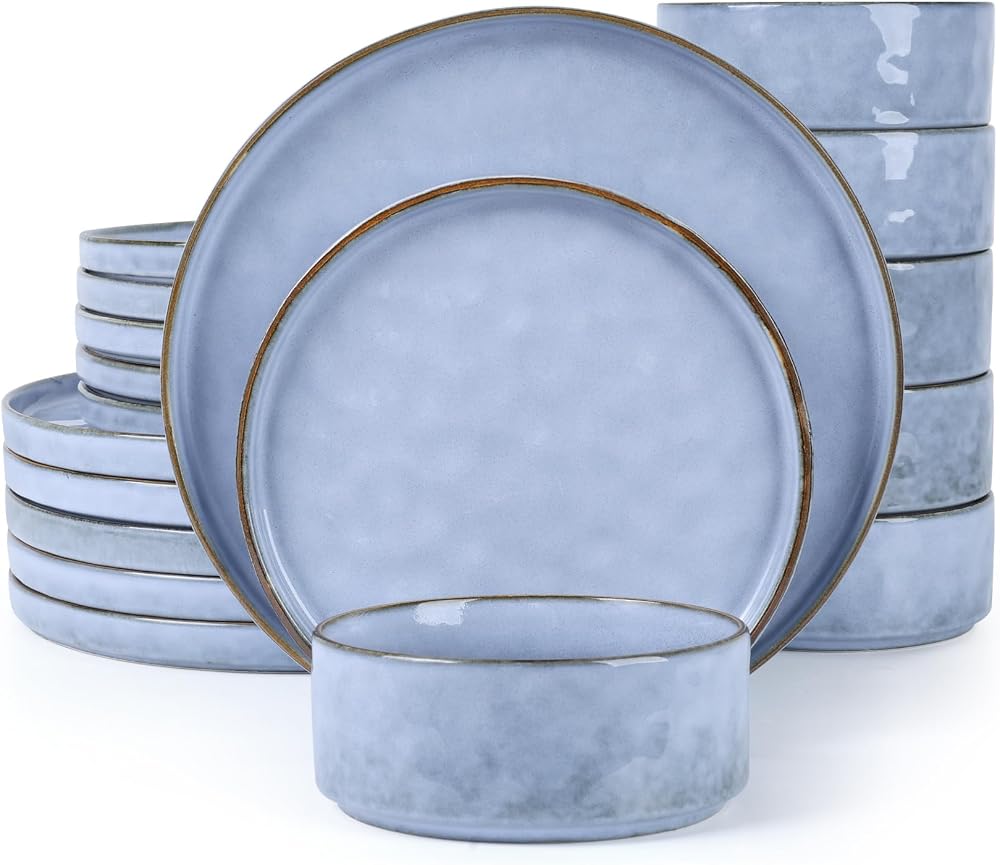 Homikit 18-Piece Reactive Glaze Stoneware Dinner Set for 6 Myosotis Blue