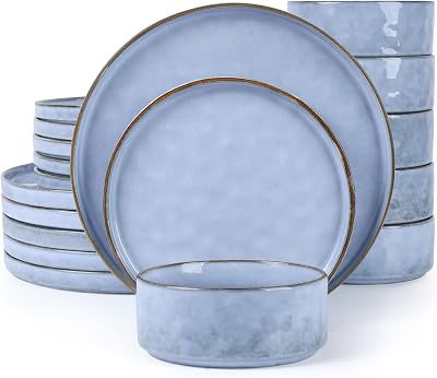 Homikit 18-Piece Reactive Glaze Stoneware Dinner Set for 6 Myosotis Blue