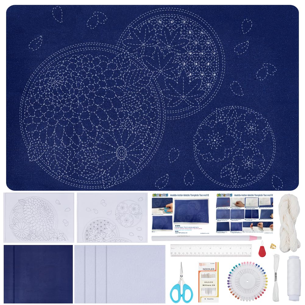 Activité Créative Débutant FREEBLOSS Kit Sac Sashiko DIY Complet - Porte- Monnaie Japonais Avec Tissu Coton Bleu Marine Et Instructions