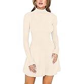 YMDUCH Women's Casual Fall Pullover Sweater Dress Mock Neck Long Sleeve Knit Ribbed Mini Dress