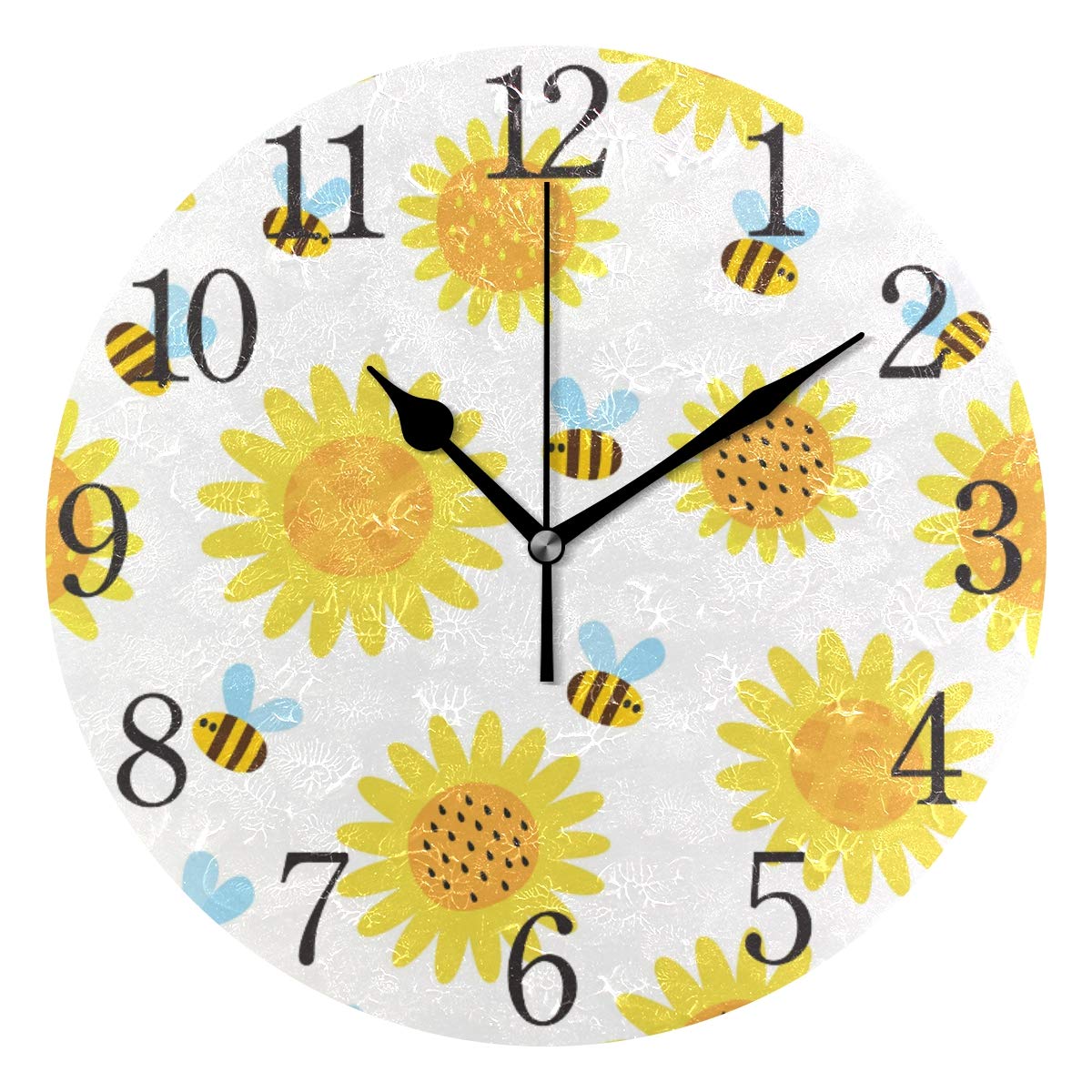 SKYDA Bees Wall Clock Arabic Numerals Design Yellow Flowers Round Wall Clock for Living Room Bathroom Home Decorative …