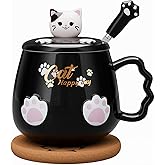 Bgbg Cute Cat Mug, Novelty Ceramic Coffee Tea Milk Cup with Lovely Kitty Lid, Kawaii Claw Spoon, Anime Coaster, Novelty Things Birthday Christmas Gift for Cat Lovers Women Her, 14 oz, Black