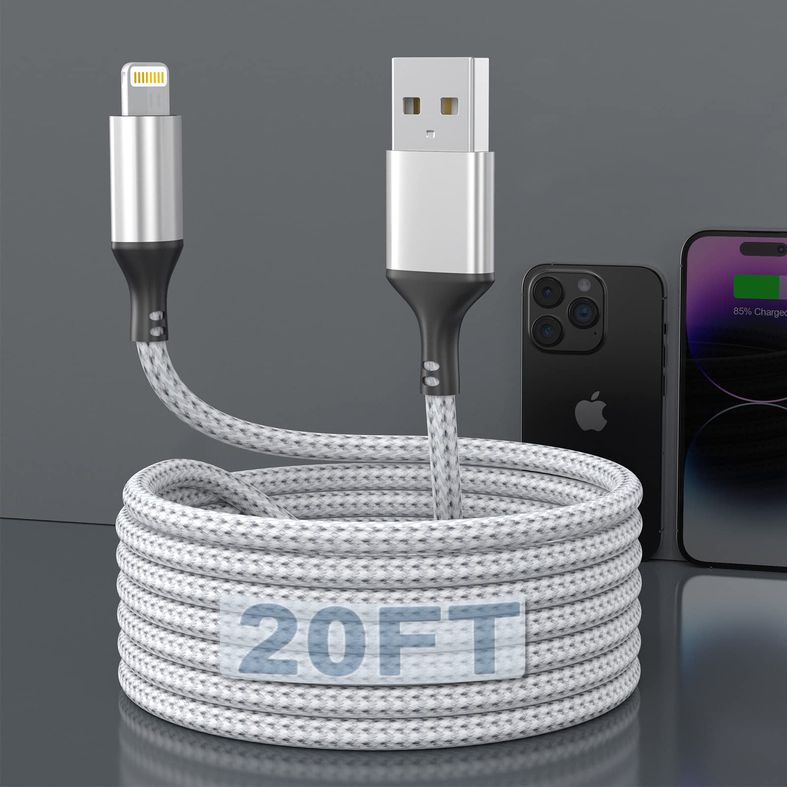 Quanlex 𝟐𝟎𝟐𝟑 𝐔𝐩𝐠𝐫𝐚𝐝𝐞𝐝 Long iPhone Charger Cord 20Ft, [Apple MFi Certified] Lightning Cable Nylon Braided 2.4A Fast Charging Syncing for 13/13 Pro/13 Pro Max/12/11/XS/XR, iPad, AirPods
