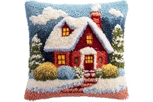 AMBATTERY Latch Hook Kits for Adults Snow Scene of the Cabin Latch Hook Cushion Cover Making Crochet Craft Kits Pre Printed C