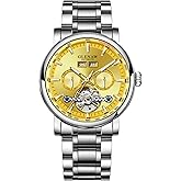 GLENAW Luxury Automatic Mechanical Mens Watche-Skeleton Dial, Day Date Tourbillon Self Winding Dress Wrist Watches Luminous