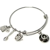 Pammytail Tea Lover Charm Bracelet Stainless Steel Expandable Bangle Spoon Teabag Teapot Pendants