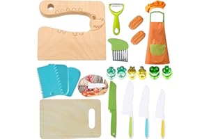 KOLODOGO 20 Pieces Wooden Kids Kitchen Knife Set - Include Wood Knife, Potato Slicers, Cooking Knives, Children's Safe Knives, Peeler, Cake Scraper, Cute Rectangle Cutting Board, Kid Apron