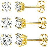 GEMSME 925 Sterling Silver White/Yellow Gold Plated 4 Pong Round Clear Moissanite Stud Earring for Women 3/4/5mm Pack of 3 Pairs