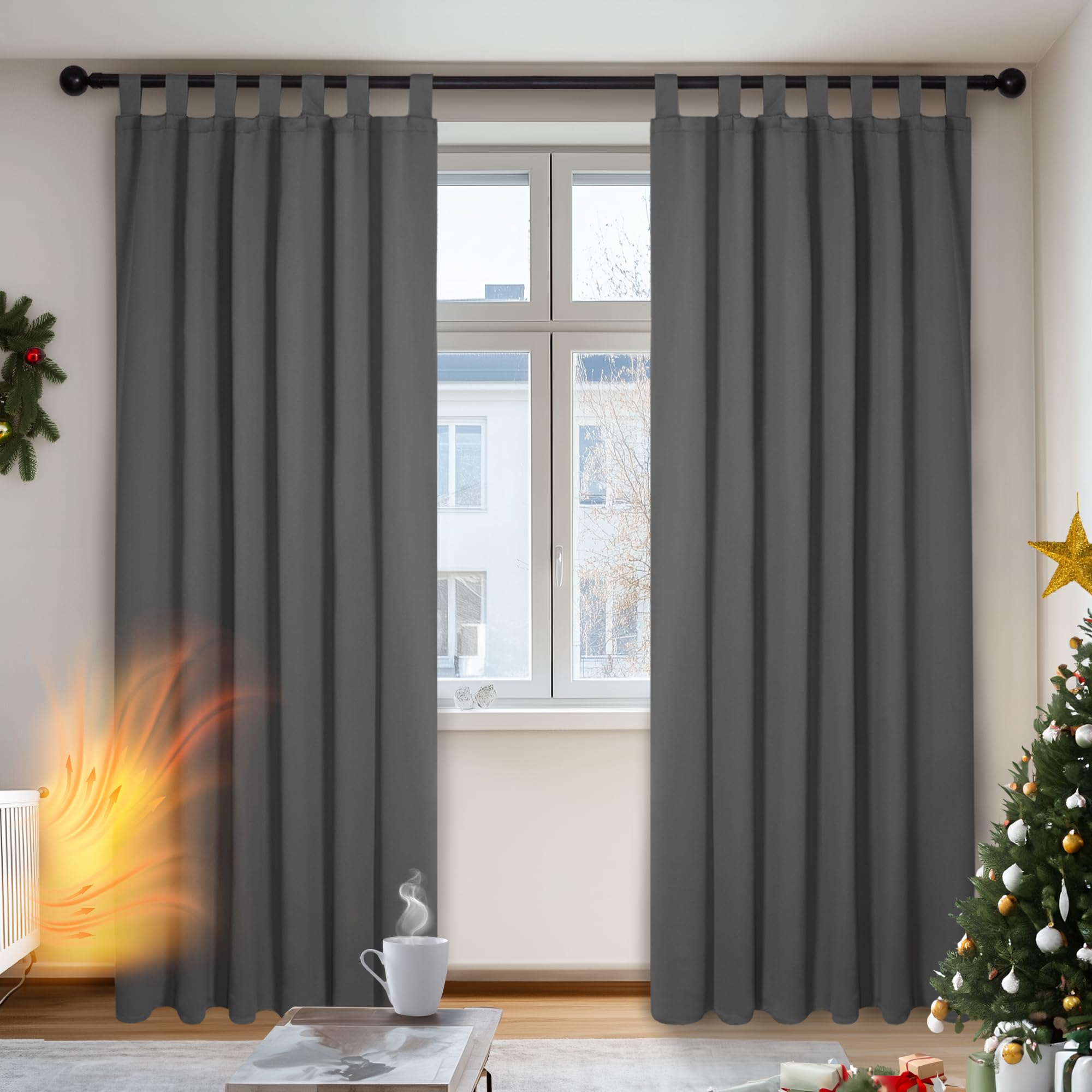 Deconovo Opaque Blackout Curtains with Loops Set of 2, Fabric, dark grey, 200x140