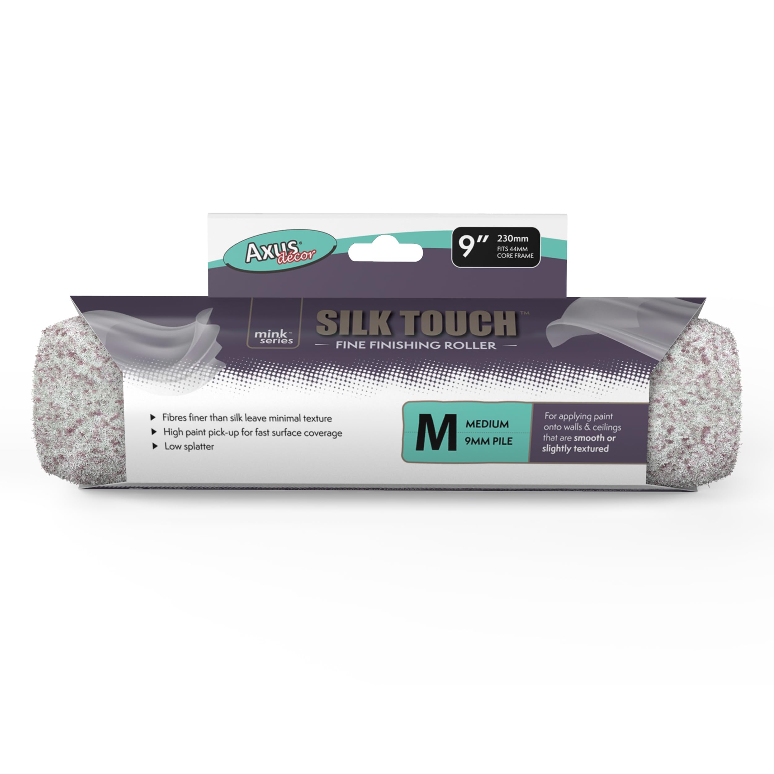 Axus Decor Silk Touch Roller, Medium Pile (Mink Series) For Professional and DIY Projects, Suitable for Smooth & Slightly Textured Walls or Ceilings, Sleeve Core Diameter, 9"/230mm,44mm core