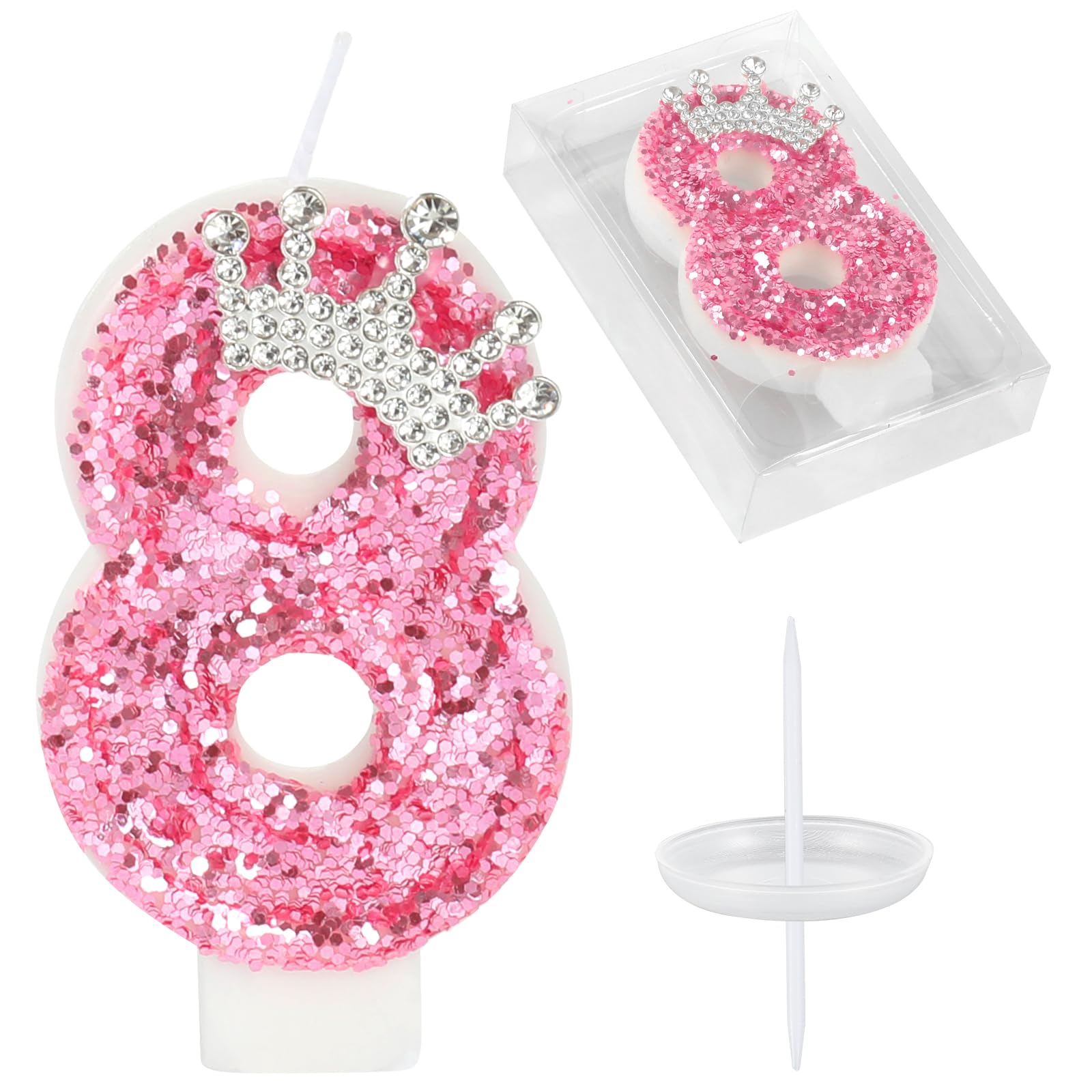 Photo 1 of Birthday Number Candles,Pink Crown Birthday Candles for Cake,Glitter Number 8 Candle Cake Topper with Sequins for Girls,Women, Anniversary Celebrations Supplies (Pink 8)