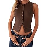 Womens Button up Tank Tops Y2k Fashion Sleeveless Tight Slim Fit Ribbed Vest Going Out Tops Streetwear